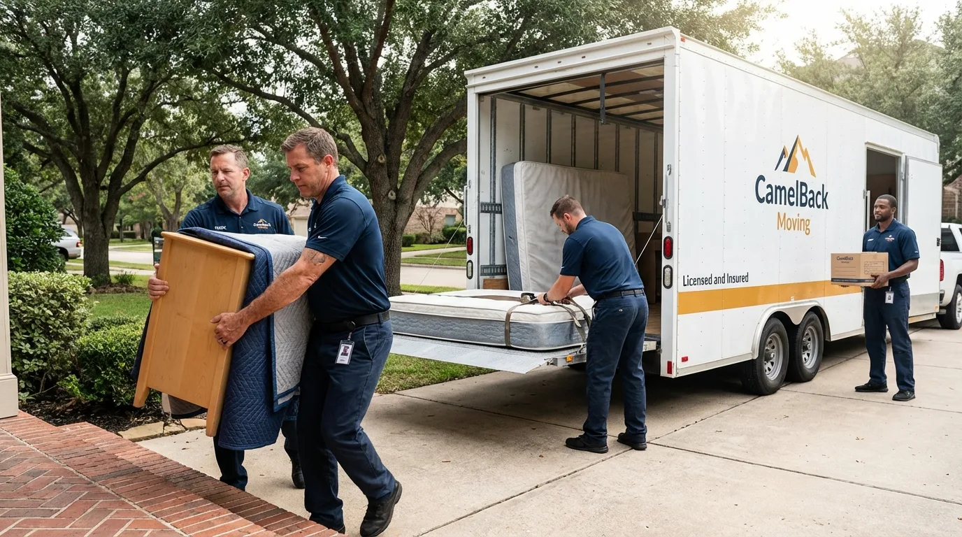 Crew loading residential truck for cross-state move from Benton, AR