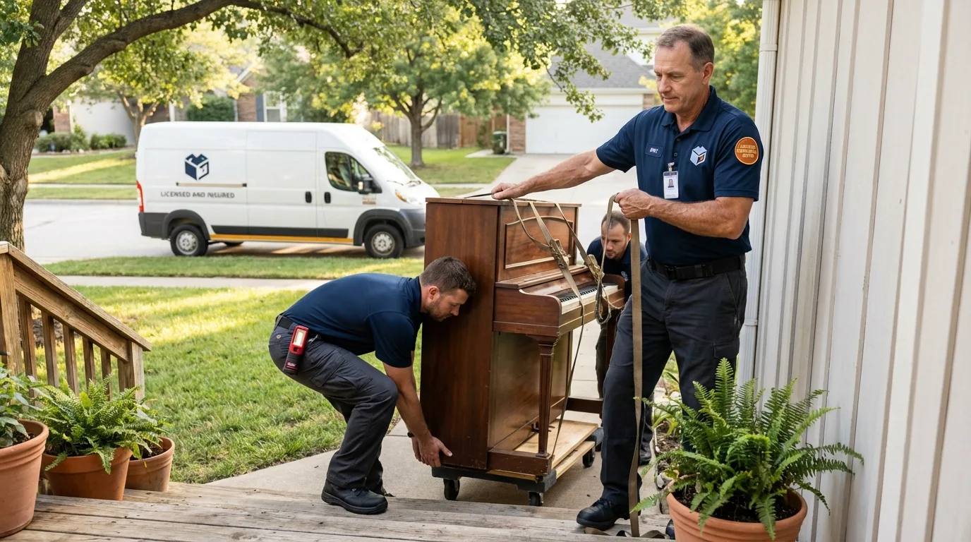 Licensed piano movers securing grand piano in Benton, AR