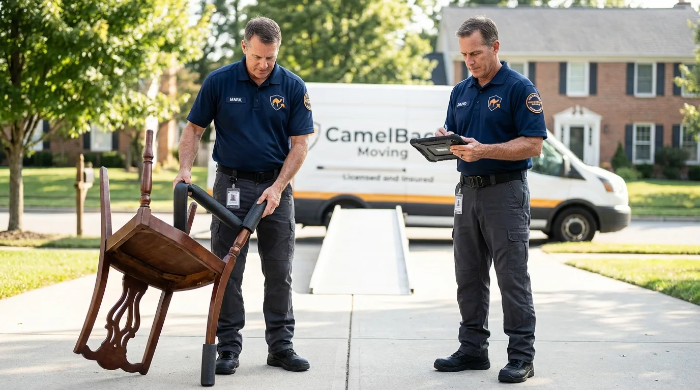 Movers inspecting furniture for damage prevention before loading in Benton, AR